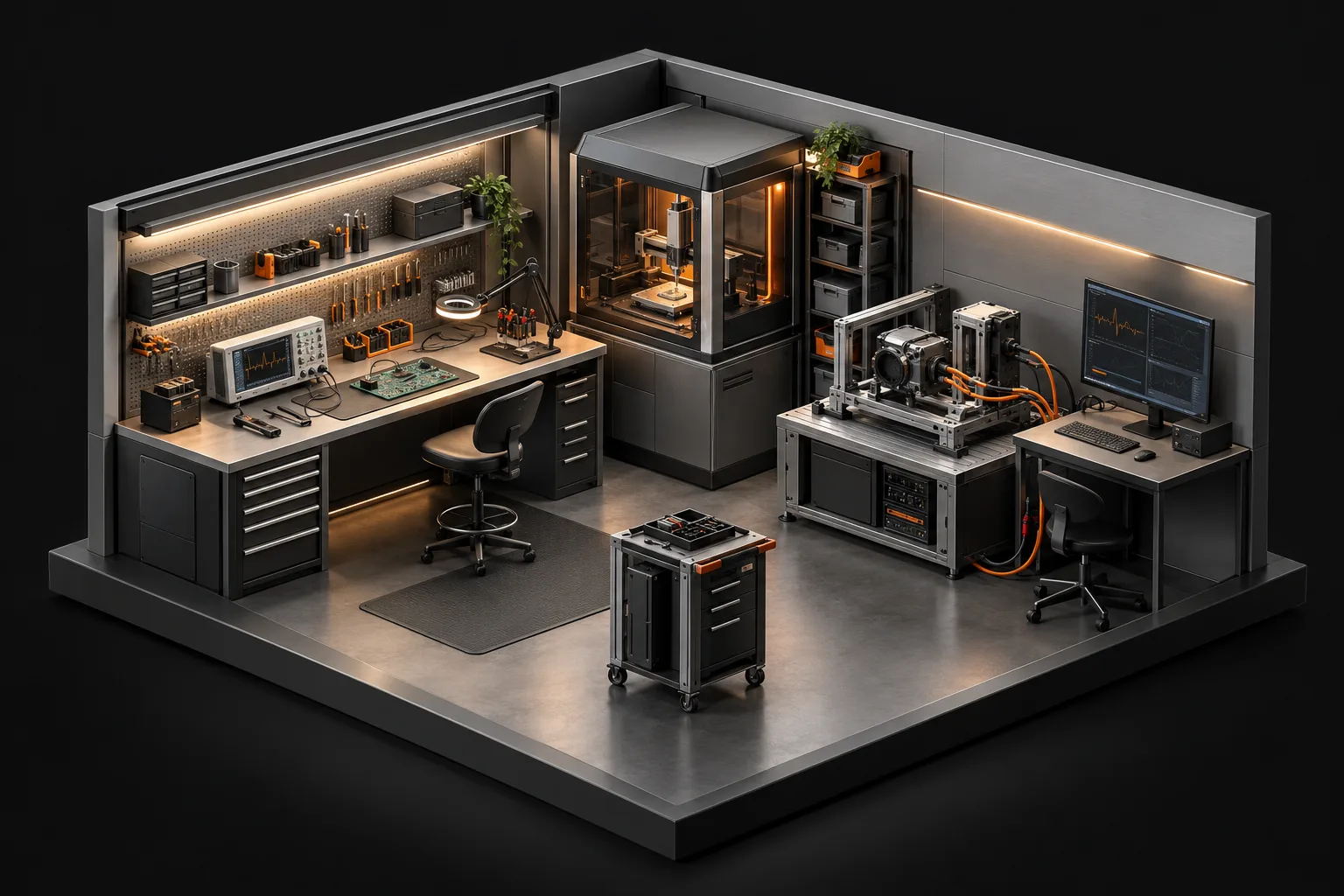 Conceptual engineering lab with an electronics bench, prototyping equipment, and a device test fixture.