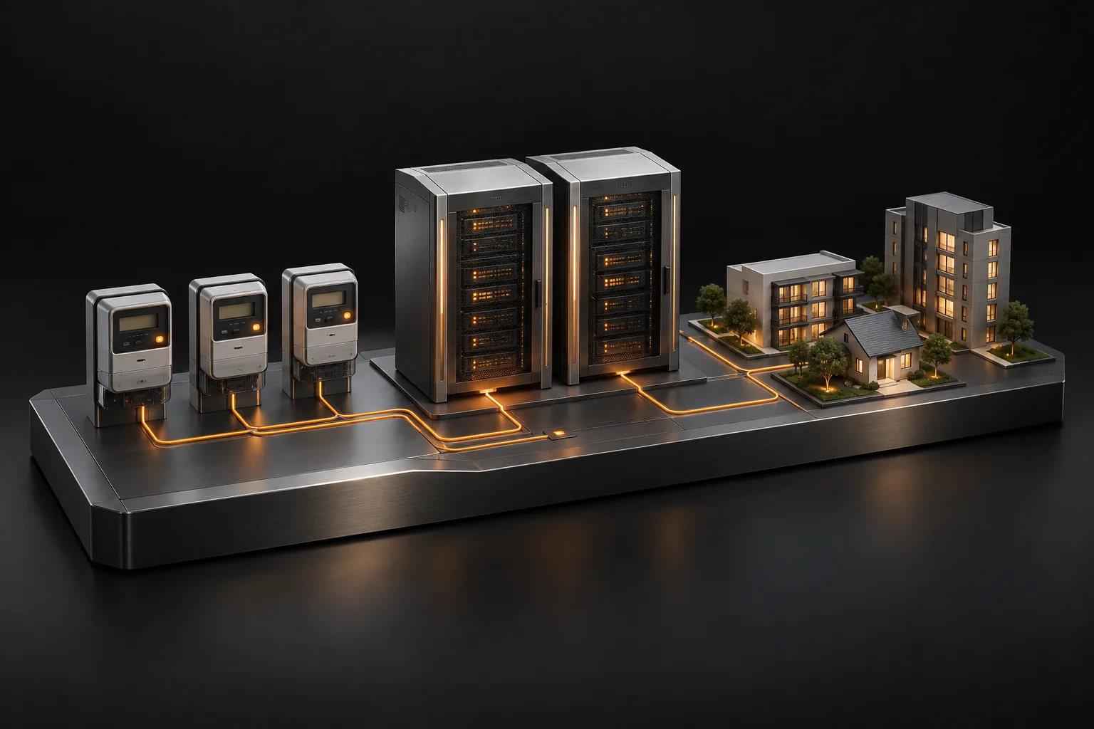 Concept render connecting metering devices, servers, and buildings.