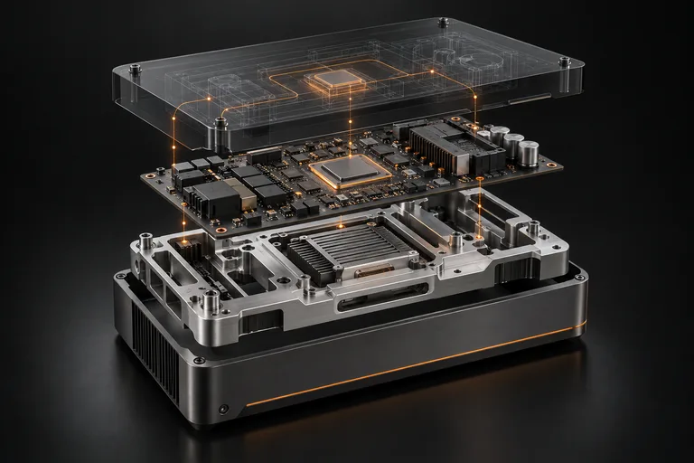Concept render of a digital model aligned with electronics and a mechanical enclosure.