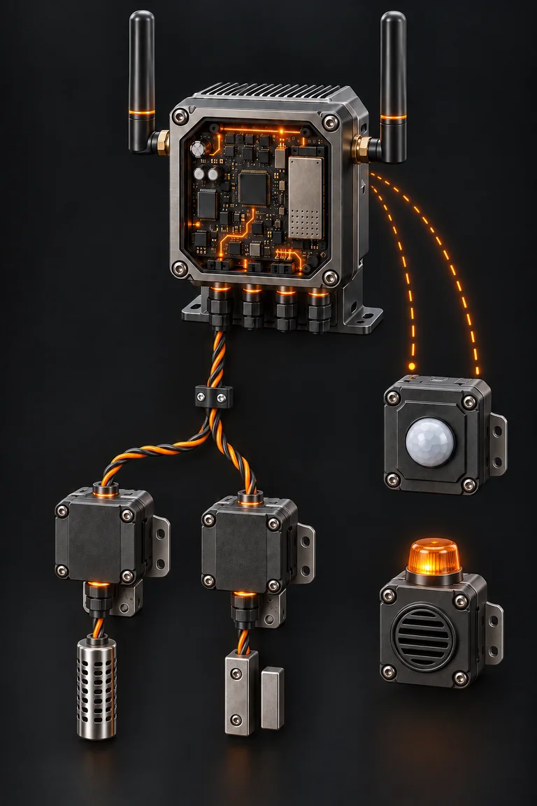 3D illustration of a 4G gateway with wired CAN nodes and separate wireless BLE motion and alarm devices.