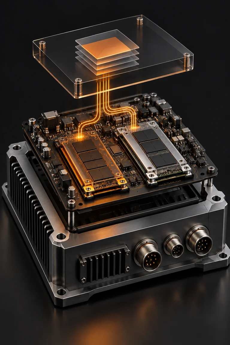 3D illustration of an embedded controller with active and standby memory modules.