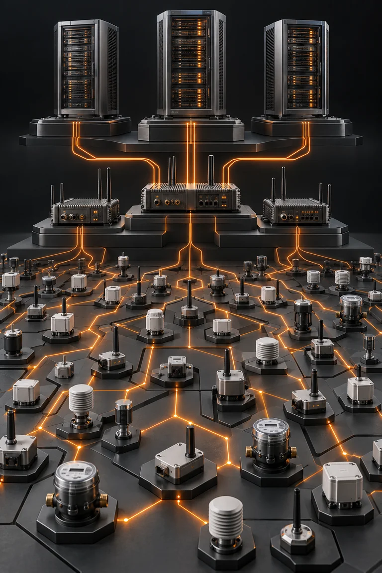 3D architectural illustration of distributed device fleets, edge gateways, and interconnected server clusters.