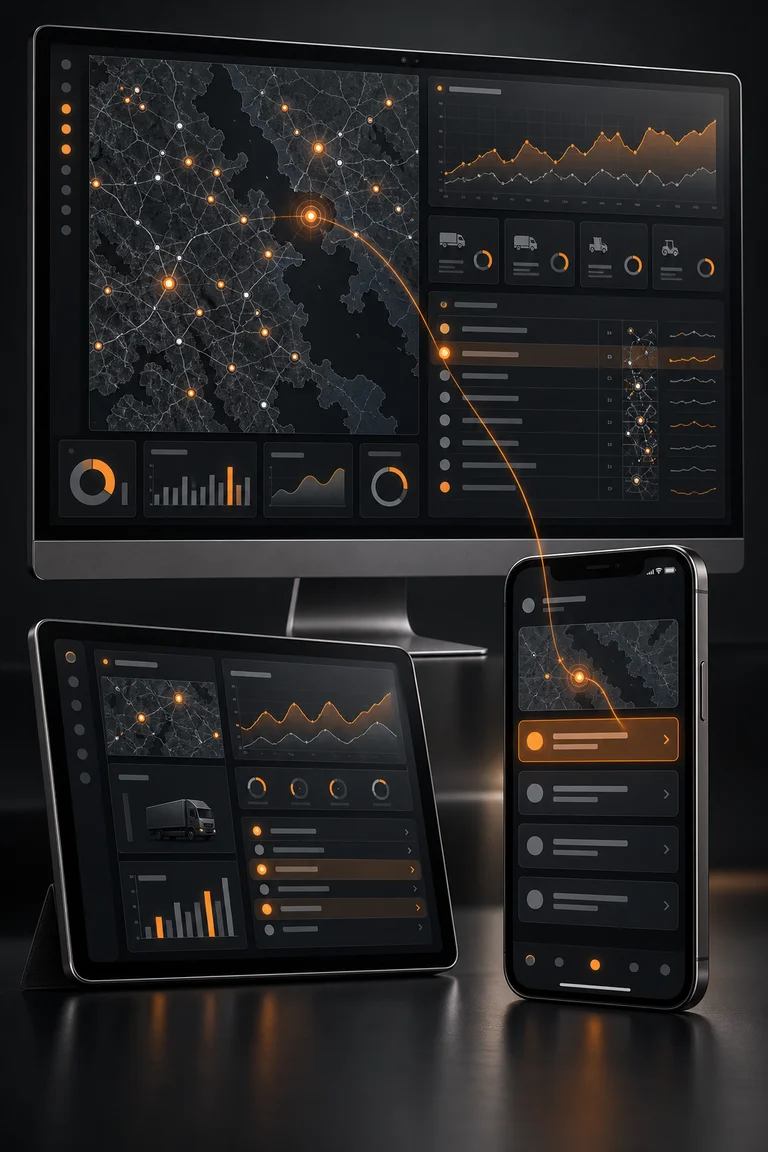 3D concept of an IoT monitoring dashboard linked to mobile devices with charts, fleet status, and notification tiles.