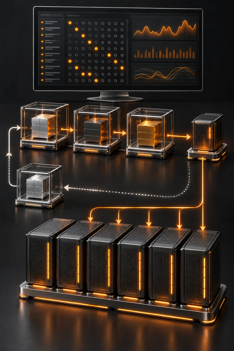 3D conceptual illustration: Change management · Testing · CI/CD