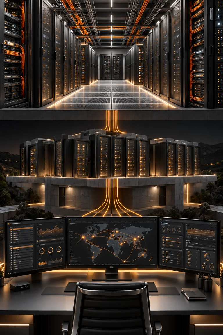 3D conceptual illustration: Data centers · On-premise · Cloud