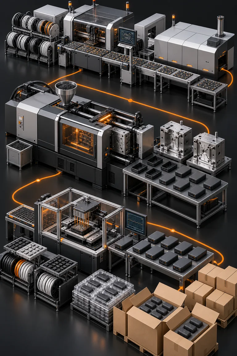 3D visualization of coordinated PCBA assembly, molding, production testing, and packaging.