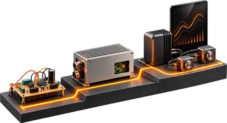 3D illustration of an early circuit prototype evolving into an industrial product and a connected system along an orange path.